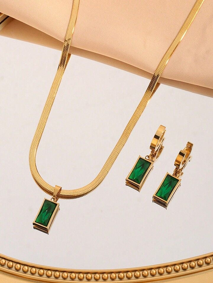 Green Stone Gold-Plated Stainless Steel Pendant Set